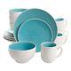 Stoneware Dinnerware Set 16 Pc Crackle Plates Cups Bowls Dishes Turquoise/White