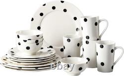 Stylish 16-Piece Black Polka Dot Dinnerware Set for 4, Microwave & Dishwasher Sa