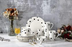 Stylish 16-Piece Black Polka Dot Dinnerware Set for 4, Microwave & Dishwasher Sa