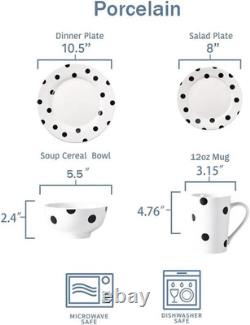 Stylish 16-Piece Black Polka Dot Dinnerware Set for 4, Microwave & Dishwasher Sa