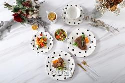 Stylish 16-Piece Black Polka Dot Dinnerware Set for 4, Microwave & Dishwasher Sa