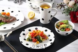 Stylish 16-Piece Black Polka Dot Dinnerware Set for 4, Microwave & Dishwasher Sa