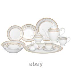 Stylish 57 Pieces of Porcelain Dinnerware Set Classic Gold Scroll Border