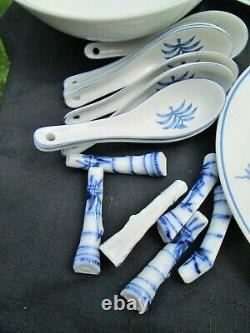 TATUNG China Dinnerware Set Blue & White MAN HUNTING Bowl Plate Spoon 47pc EUC