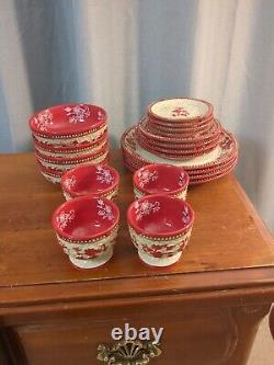 Temptations Floral Lace Red 10 Dinner Plate, Salad, Cups, Basketweave Set of 20