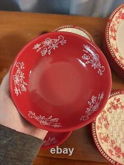 Temptations Floral Lace Red 10 Dinner Plate, Salad, Cups, Basketweave Set of 20