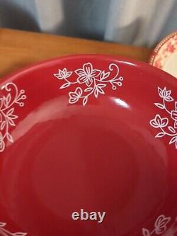 Temptations Floral Lace Red 10 Dinner Plate, Salad, Cups, Basketweave Set of 20