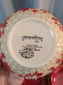 Temptations Floral Lace Red 10 Dinner Plate, Salad, Cups, Basketweave Set of 20