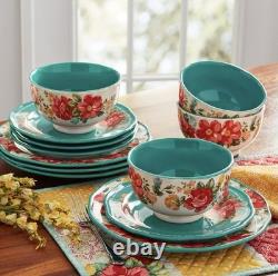 The Pioneer Woman Vintage Floral 12-Piece Dinnerware Set, Teal. Open Box