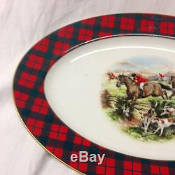Thornberry's USA Maxwell Plaid 14 1/4 Oval Platter Hunting Scene Horses Dogs