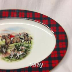 Thornberry's USA Maxwell Plaid 14 1/4 Oval Platter Hunting Scene Horses Dogs