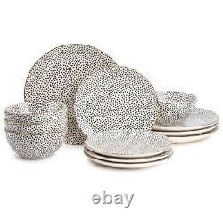 Thyme & Table Dinnerware Black & White Dot Stoneware 12 Pcs Set Dishwasher Safe