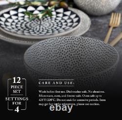 Thyme & Table Dinnerware Black & White Dot Stoneware 12 Pcs Set Dishwasher Safe