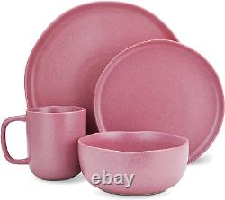 Tom Stoneware Reactive Glaze Dinnerware Set, 16-Piece Service for 4, Pink and Wh