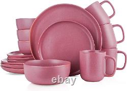 Tom Stoneware Reactive Glaze Dinnerware Set, 16-Piece Service for 4, Pink and Wh
