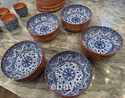 Tommy Bahama Terracotta, Blue and White Melamine 56-Piece Plate and Bowl Set NEW