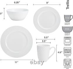 Trellis 16-Piece Bone China Dinnerware Set, White, Includes Dinner Plates, Salad