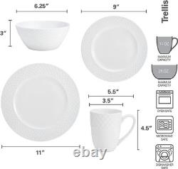 Trellis Bone China 16 Piece Dinnerware Set, Service for 4, White