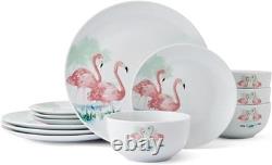 Tropical Flamingo 12-Piece Dinnerware Set for 4 Plates & Bowls
