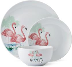 Tropical Flamingo 12-Piece Dinnerware Set for 4 Plates & Bowls