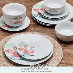 Tropical Flamingo 12-Piece Dinnerware Set for 4 Plates & Bowls