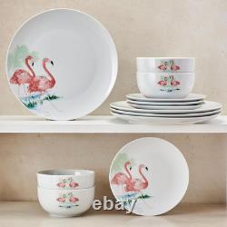 Tropical Flamingo 12-Piece Dinnerware Set for 4 Plates & Bowls