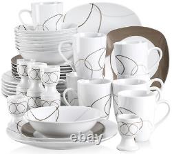 VEWEET NIKITA Dinnerware Set Ivory White Brown Lines Porcelain Combination Sets