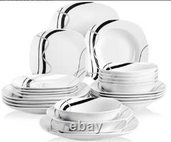 VEWEET Porcelain Square Black & White 24 piece Dinnerware Sets Service for 6