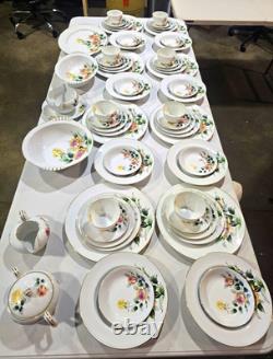 VINTAGE 63 PIECE Floral China Set White with Gold Trim Plates Bowls Cups Saucers