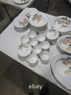 VINTAGE 63 PIECE Floral China Set White with Gold Trim Plates Bowls Cups Saucers