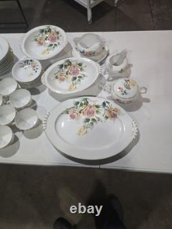 VINTAGE 63 PIECE Floral China Set White with Gold Trim Plates Bowls Cups Saucers