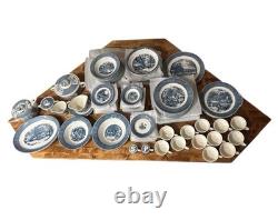 VTG Currier & Ives Blue Dinnerware Royal China USA Scenic 12 Set, 92 Pc Cottage