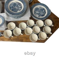 VTG Currier & Ives Blue Dinnerware Royal China USA Scenic 12 Set, 92 Pc Cottage
