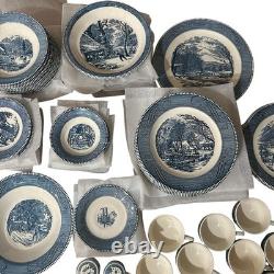 VTG Currier & Ives Blue Dinnerware Royal China USA Scenic 12 Set, 92 Pc Cottage