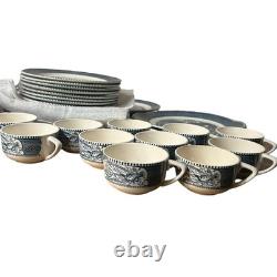 VTG Currier & Ives Blue Dinnerware Royal China USA Scenic 12 Set, 92 Pc Cottage