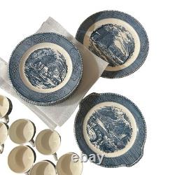 VTG Currier & Ives Blue Dinnerware Royal China USA Scenic 12 Set, 92 Pc Cottage
