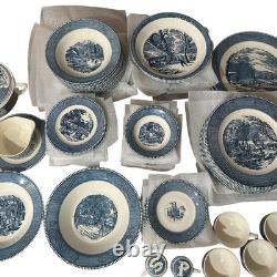 VTG Currier & Ives Blue Dinnerware Royal China USA Scenic 12 Set, 92 Pc Cottage