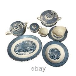 VTG Currier & Ives Blue Dinnerware Royal China USA Scenic 12 Set, 92 Pc Cottage