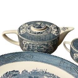 VTG Currier & Ives Blue Dinnerware Royal China USA Scenic 12 Set, 92 Pc Cottage