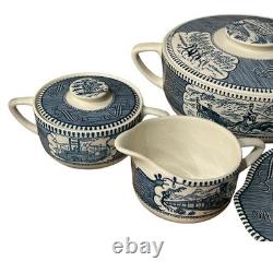 VTG Currier & Ives Blue Dinnerware Royal China USA Scenic 12 Set, 92 Pc Cottage