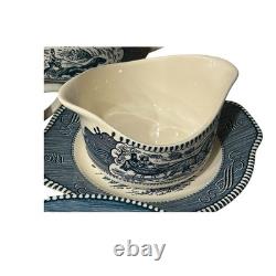 VTG Currier & Ives Blue Dinnerware Royal China USA Scenic 12 Set, 92 Pc Cottage