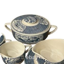 VTG Currier & Ives Blue Dinnerware Royal China USA Scenic 12 Set, 92 Pc Cottage