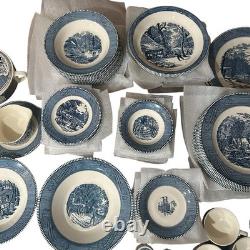 VTG Currier & Ives Blue Dinnerware Royal China USA Scenic 12 Set, 92 Pc Cottage