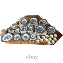 VTG Currier & Ives Blue Dinnerware Royal China USA Scenic 12 Set, 92 Pc Cottage