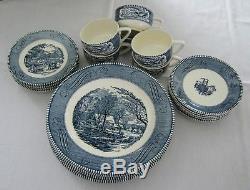 VTG Currier & Ives Blue and White china 24 pc dinnerware set for 6 Made in USA