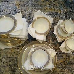 VTG set of 51 Pyrex Dinnerware Dove Gray Gold Trim plates bowls cups creamer EUC