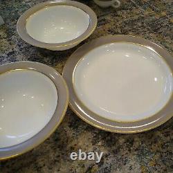 VTG set of 51 Pyrex Dinnerware Dove Gray Gold Trim plates bowls cups creamer EUC