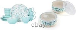 Venice 16-Piece Dinnerware Set & 6 Storage Bowls, Aqua/White