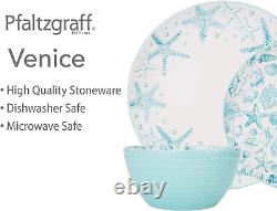 Venice 16-Piece Stoneware Dinnerware Set, Service for 4, Aqua/White