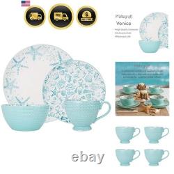 Venice 16-Piece Stoneware Dinnerware Set, Service for 4, Aqua and White Color
